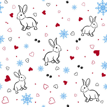 Seamless pattern with cute bunny and red hearts, blue snowflakes on white background. For packaging, printing and decoratingの写真素材