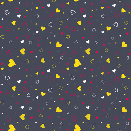 Seamless pattern with white, red and yellow hearts on a gray background.の写真素材