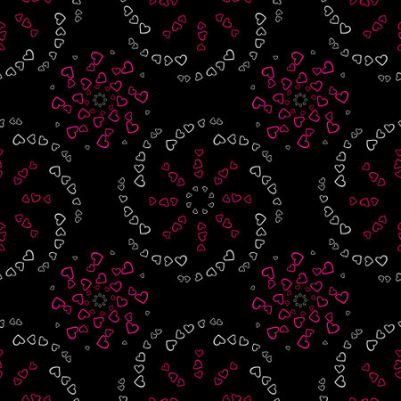 Seamless pattern of pink and white hearts flowers on a dark background. Print with hearts in kaleidoscopic ornamental style.の写真素材