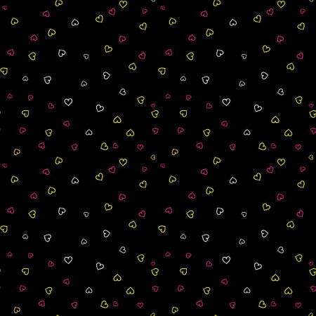 Seamless pattern with small white, pink and yellow hearts on a black background.の写真素材