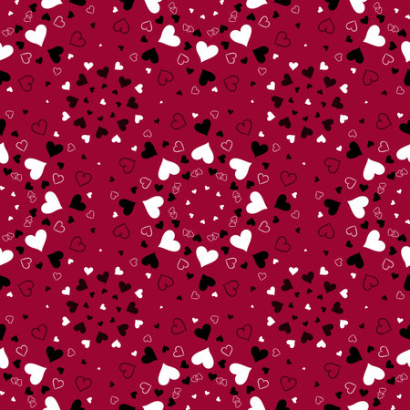 Seamless pattern with white and black hearts on a red background.の写真素材