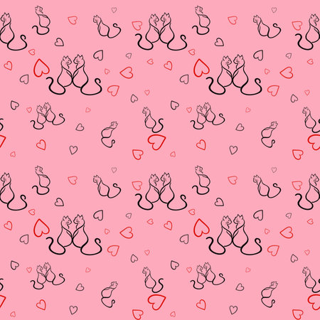 Seamless pattern with black cats and red hearts on a pink background. For packaging, printing and decoratingの写真素材