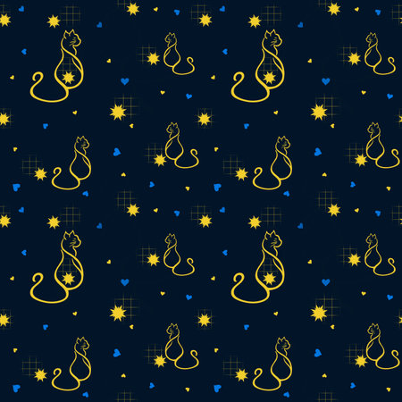 Seamless pattern with yellow cats and blue hearts on a navy blue background. For packaging, printing and decoratingの写真素材