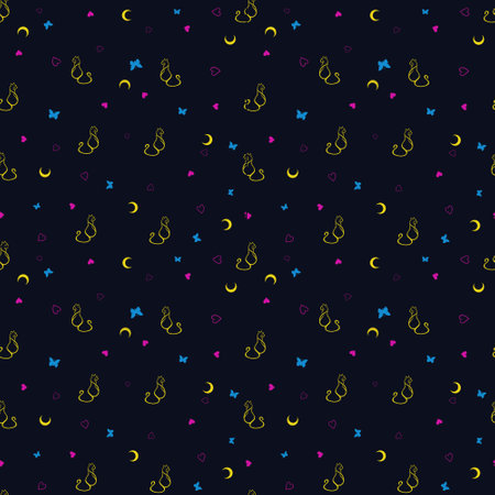 Seamless pattern with yellow cats, moon and pink hearts on a dark blue background. For packaging, printing and decoratingの写真素材
