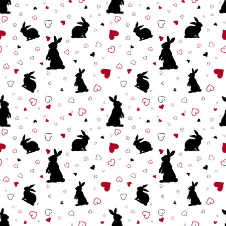 Seamless pattern with black cats and red hearts on white background. Lovers. Valentine's Day.の写真素材