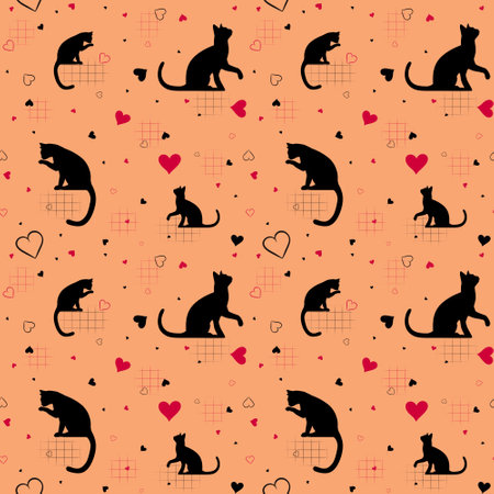 Seamless pattern with black cats and red hearts on orange background. For packaging, printing and decoratingの写真素材