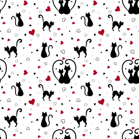Seamless pattern with black cats and red hearts on white background. Lovers. Valentine's Day.の写真素材