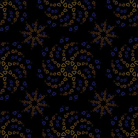 Seamless pattern of yellow and blue hearts flowers on a dark background. Print with hearts in...
