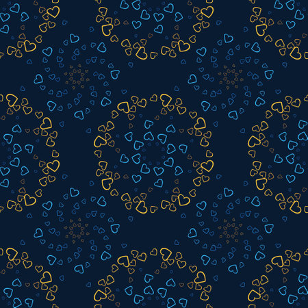Seamless pattern of yellow and blue hearts flowers on a blue background.Print with hearts in kaleidoscopic ornamental style.の写真素材