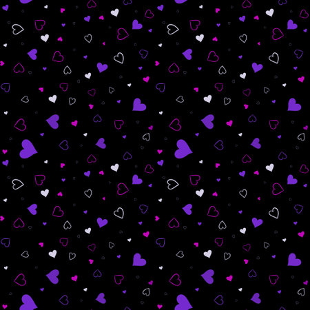 Seamless pattern with white, purple and pink hearts on a black background.の写真素材