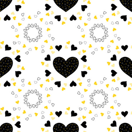 Seamless pattern with black and gold hearts on a white background. Valentine's Day.の写真素材