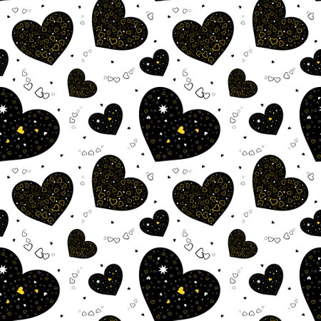 Seamless pattern with black and gold hearts on a white background. Valentine's Day.の写真素材