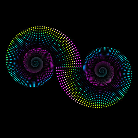 Infinity sign in the form of a spiral of dots . Neon colors on a black backgroundの写真素材