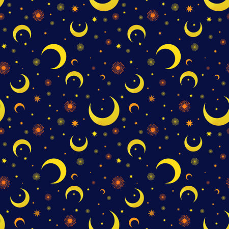 Seamless pattern with yellow and orange moons on a navy blue backgroundの写真素材