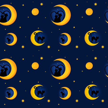 Seamless pattern cute cats in love on the moonの写真素材