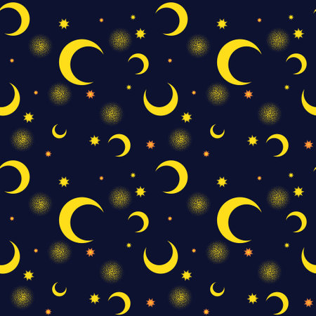 Seamless pattern with yellow moons on a navy blue backgroundの写真素材
