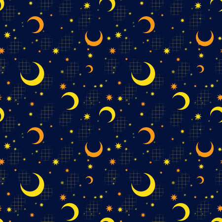 Seamless pattern with yellow and orange moons on a navy blue backgroundの写真素材
