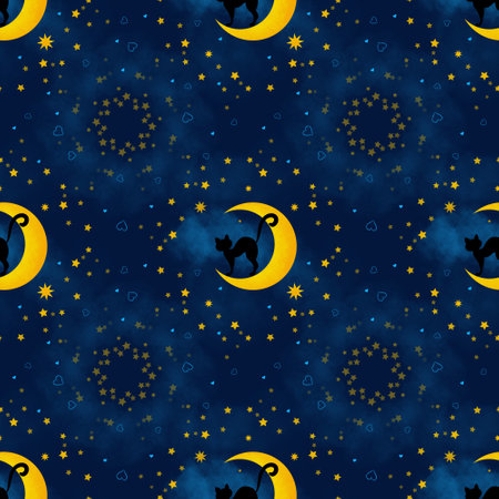 Seamless pattern cute cat on the moon. Black cat on a golden moon on a navy blue backgroundの写真素材