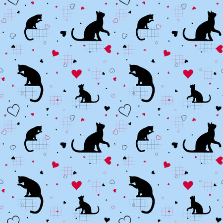 Seamless pattern with black cats and red hearts on blue background. For packaging, printing and decoratingの写真素材