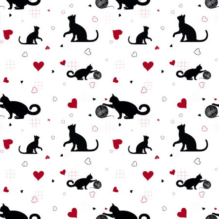 Seamless pattern with black cats and red hearts on white background. Lovers. Valentine's Day.の写真素材