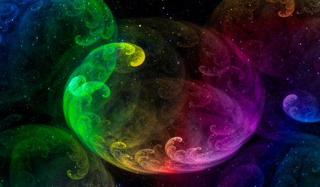 Abstract fractal background with cosmic glow. Colors of rainbow. Horizontal banner. Used for design...