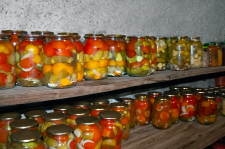 Jars of a variety of pickled vegetables. canned foods. Preservesの写真素材