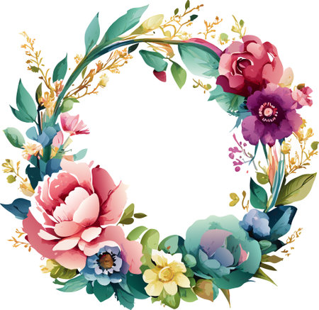 Watercolor style floral frame in the shape of a circleの写真素材