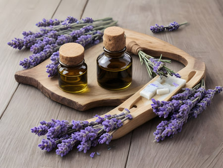 Lavender soap, oil and lavender flowers on a wooden backgroundの素材