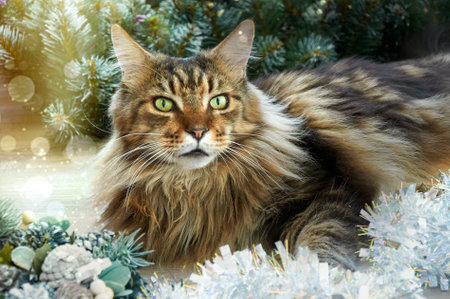 A beautiful Maine Coon cat is lying in Christmas tinsel. Christmas kittyの写真素材