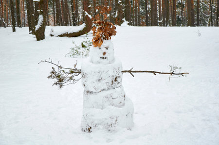 Cute snowman in the snow in the winter forestの写真素材