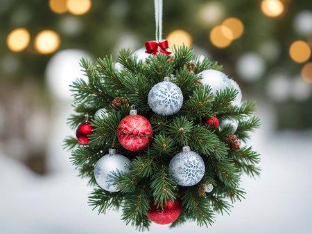Christmas tree with decorations on bokeh background. Merry Christmas and Happy New Year.の写真素材