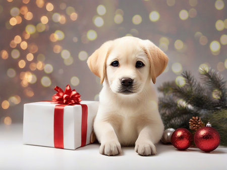 Labrador retriever puppy with christmas gift box on bokeh backgroundの写真素材