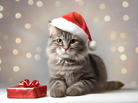 Cute siberian kitten in santa hat with christmas giftの写真素材