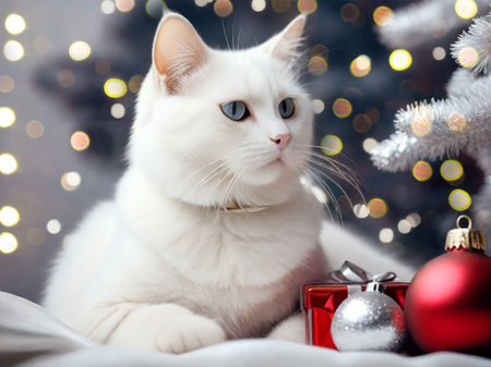 Beautiful white cat with christmas decoration on bokeh backgroundの写真素材