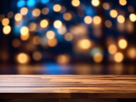 Wooden table in front of blurred background with bokeh lightsの写真素材