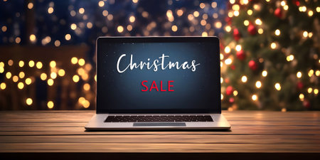 Laptop on wooden table with Christmas Sale text on bokeh backgroundの写真素材