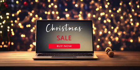 Laptop with Christmas sale sign on the screen. Online shopping concept.の写真素材