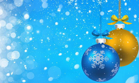 Christmas background with christmas balls and snowflakes on blue backgroundの写真素材