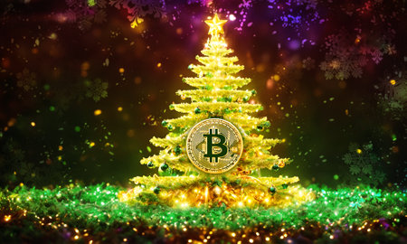 Christmas tree with golden bitcoin on green background.の素材
