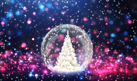 Snow globe with Christmas tree on a background of pink and blue bokeh lightsの写真素材
