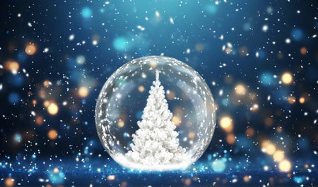 Christmas tree in a snow globe on a blue bokeh and snow backgroundの写真素材