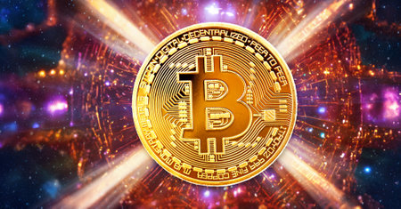 Bitcoin cryptocurrency. Cryptocurrency background. Golden coin with bitcoin symbol on abstract space background.の写真素材