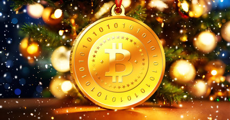 Golden bitcoin coin on christmas tree background.の素材
