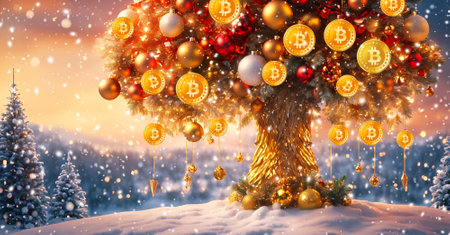 Christmas tree with golden bitcoins on the background of a snowy landscape.の素材