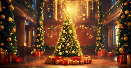 Christmas tree with bitcoin coins and with gifts in the interior of the house.の素材
