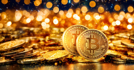 Bitcoin cryptocurrency coins on bokeh background, Cryptocurrency conceptの素材