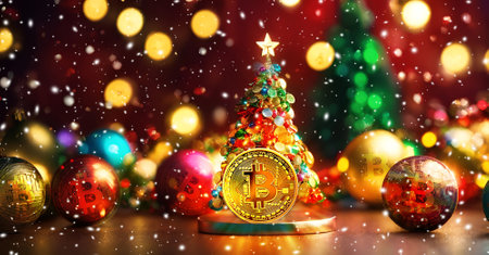 Golden bitcoin with christmas tree on bokeh background.の素材