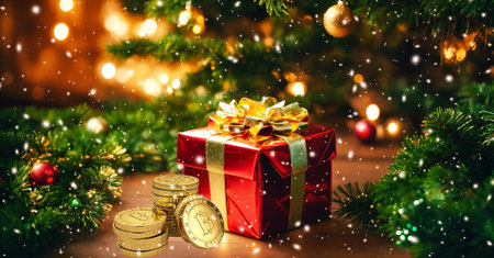 Gift box and bitcoin coins with Christmas tree and lights in the backgroundの素材