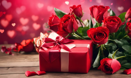 Valentine's day background with red roses and gift box.の素材