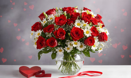 Bouquet of red roses and white daisies in a vaseの素材